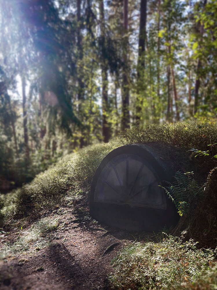 halvrunt-fonster-jord-ljus-skogskyrkogarden Halvrunt fönster som sticker upp ur marken omgivet av skog och magiskt ljus.